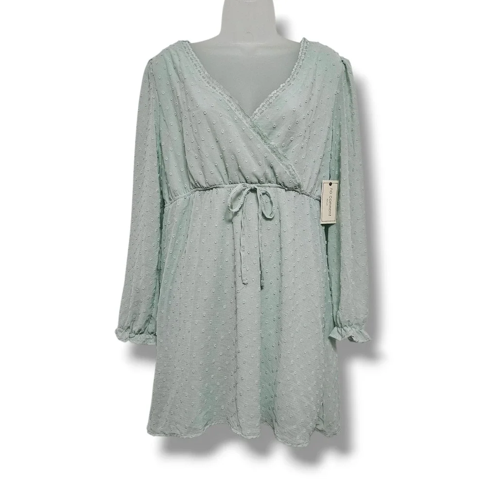 Sage Green Faux Wrap Mini‎ Dress L Swiss Dot Ruffle Fairy Softgirl Cottage NEW